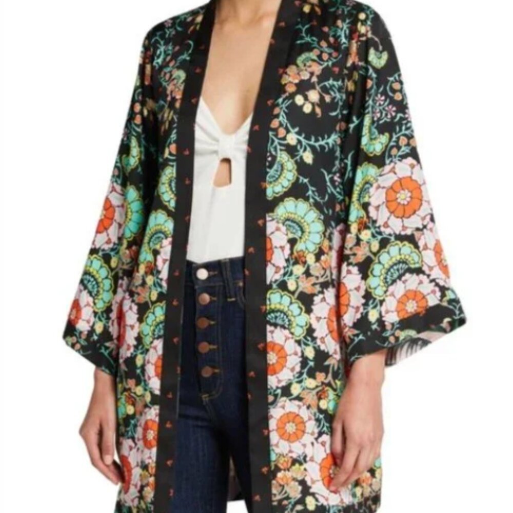 Alice & Olivia Lynn Reversible Short Palm Print Hawaii Kimono Robe Patchwork M/L